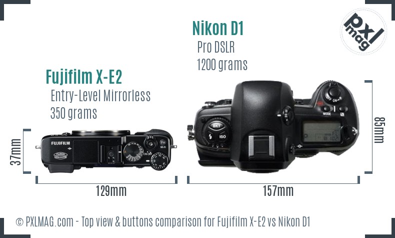 Fujifilm X-E2 vs Nikon D1 top view buttons comparison