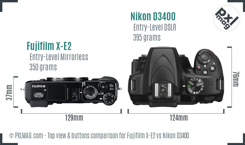 Fujifilm X-E2 vs Nikon D3400 top view buttons comparison Fujifilm X-E2 vs Nikon D3400 top view buttons comparison