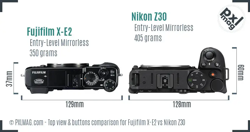 Fujifilm X-E2 vs Nikon Z30 top view buttons comparison Fujifilm X-E2 vs Nikon Z30 top view buttons comparison