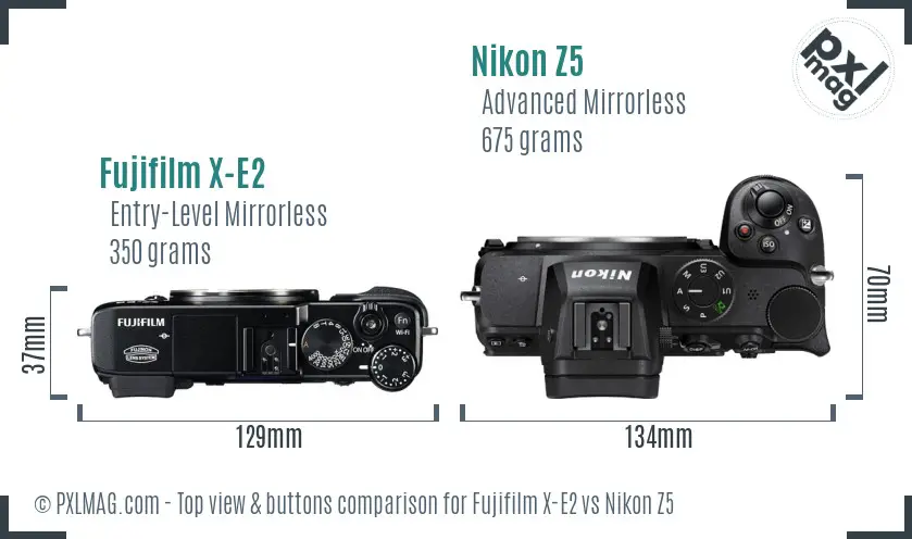 Fujifilm X-E2 vs Nikon Z5 top view buttons comparison