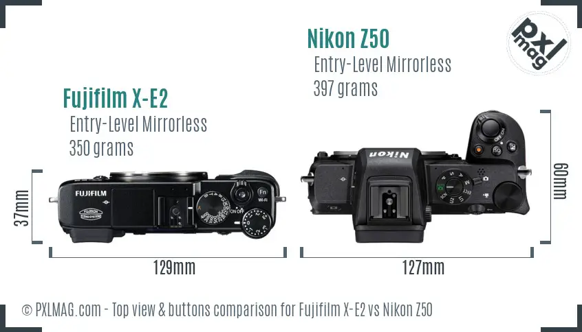 Fujifilm X-E2 vs Nikon Z50 top view buttons comparison