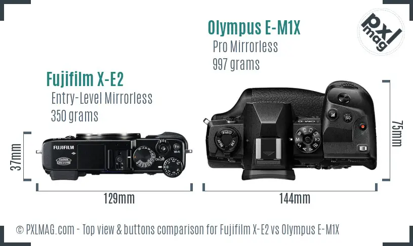 Fujifilm X-E2 vs Olympus E-M1X top view buttons comparison