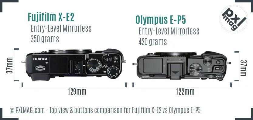 Fujifilm X-E2 vs Olympus E-P5 top view buttons comparison Fujifilm X-E2 vs Olympus E-P5 top view buttons comparison