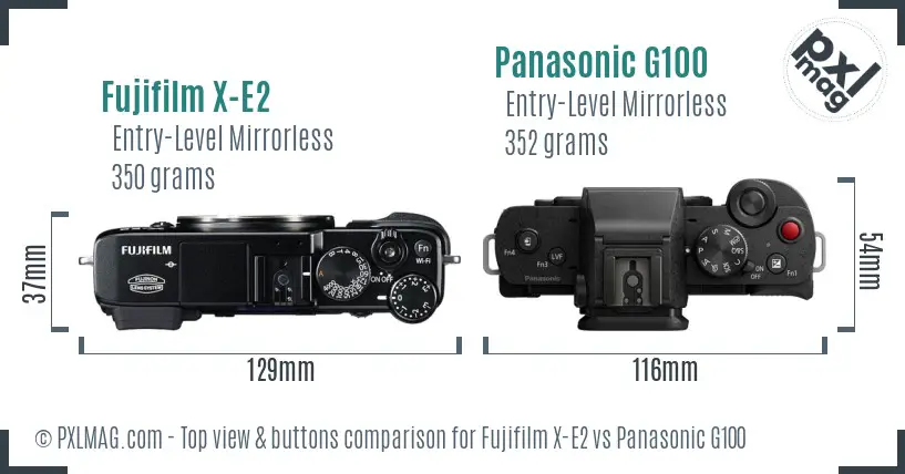Fujifilm X-E2 vs Panasonic G100 top view buttons comparison Fujifilm X-E2 vs Panasonic G100 top view buttons comparison