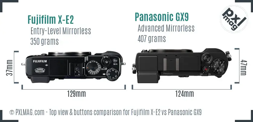 Fujifilm X-E2 vs Panasonic GX9 top view buttons comparison