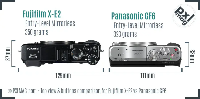 Fujifilm X-E2 vs Panasonic GF6 top view buttons comparison Fujifilm X-E2 vs Panasonic GF6 top view buttons comparison