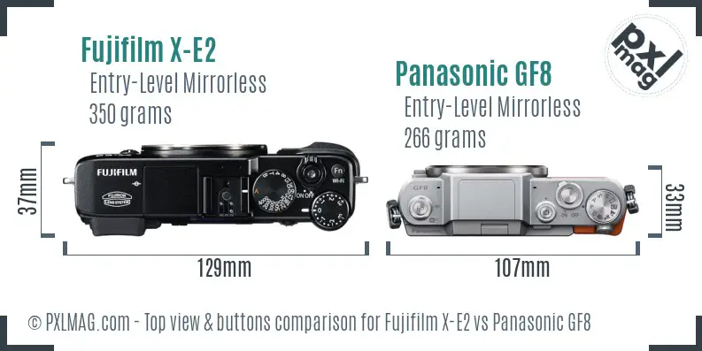 Fujifilm X-E2 vs Panasonic GF8 top view buttons comparison
