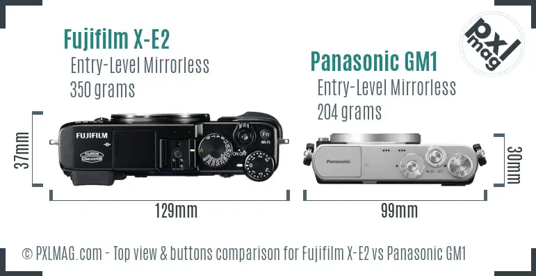 Fujifilm X-E2 vs Panasonic GM1 top view buttons comparison Fujifilm X-E2 vs Panasonic GM1 top view buttons comparison