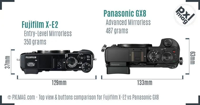 Fujifilm X-E2 vs Panasonic GX8 top view buttons comparison Fujifilm X-E2 vs Panasonic GX8 top view buttons comparison