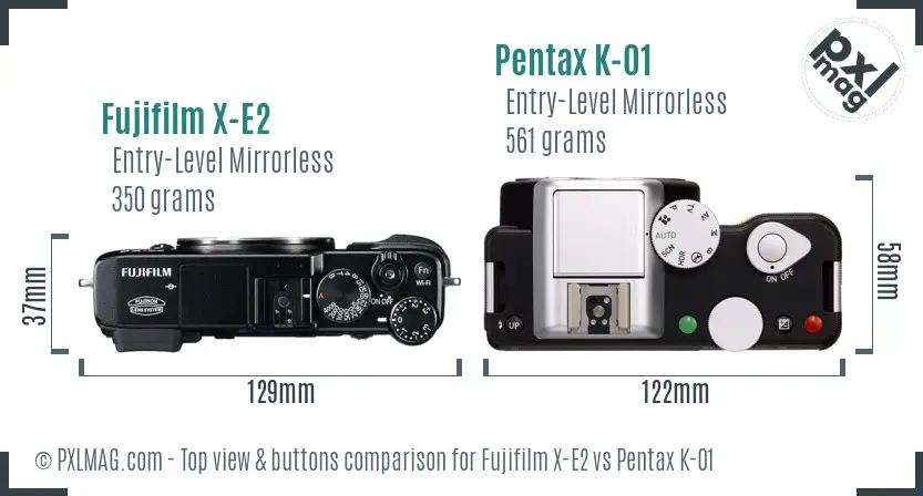 Fujifilm X-E2 vs Pentax K-01 top view buttons comparison