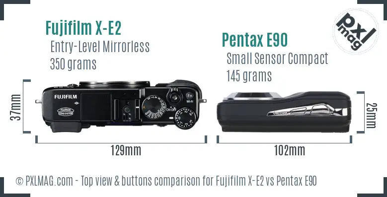 Fujifilm X-E2 vs Pentax E90 top view buttons comparison