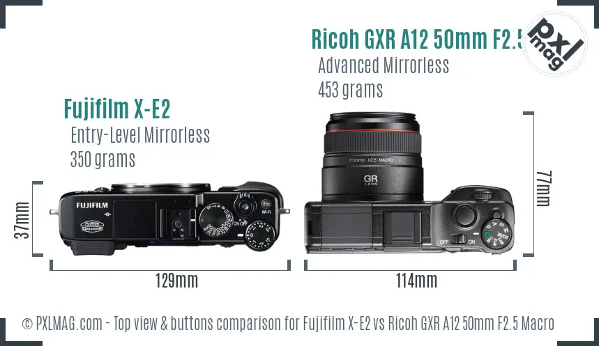 Fujifilm X-E2 vs Ricoh GXR A12 50mm F2.5 Macro top view buttons comparison Fujifilm X-E2 vs Ricoh GXR A12 50mm F2.5 Macro top view buttons comparison