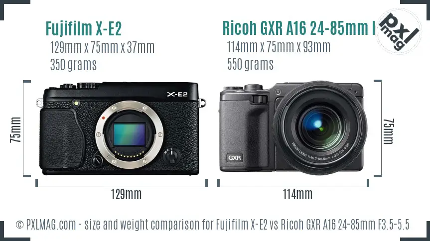 Fujifilm X-E2 vs Ricoh GXR A16 24-85mm F3.5-5.5 size comparison