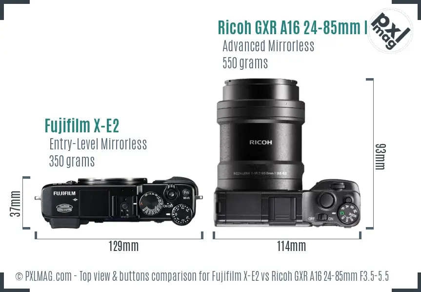 Fujifilm X-E2 vs Ricoh GXR A16 24-85mm F3.5-5.5 top view buttons comparison