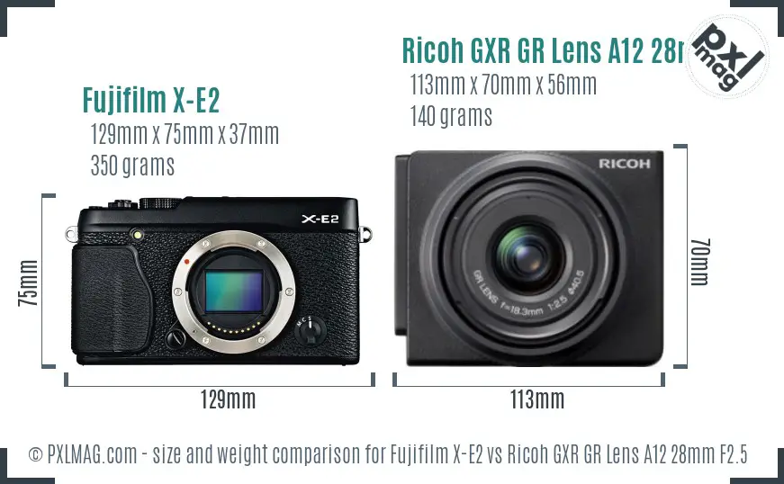 Fujifilm X-E2 vs Ricoh GXR GR Lens A12 28mm F2.5 size comparison