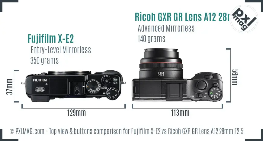Fujifilm X-E2 vs Ricoh GXR GR Lens A12 28mm F2.5 top view buttons comparison