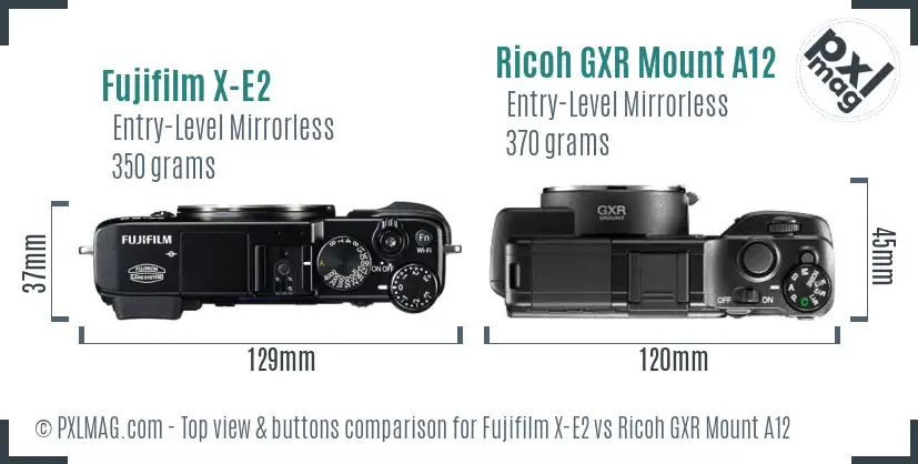 Fujifilm X-E2 vs Ricoh GXR Mount A12 top view buttons comparison