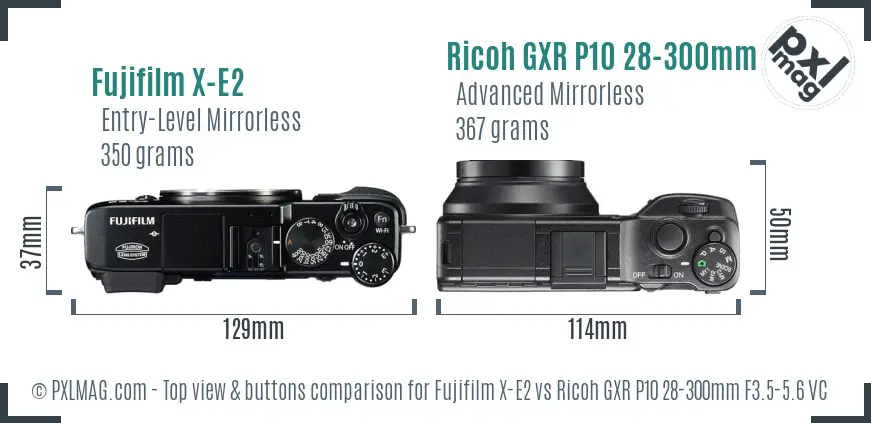 Fujifilm X-E2 vs Ricoh GXR P10 28-300mm F3.5-5.6 VC top view buttons comparison