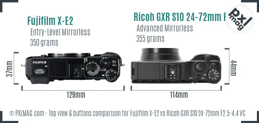 Fujifilm X-E2 vs Ricoh GXR S10 24-72mm F2.5-4.4 VC top view buttons comparison