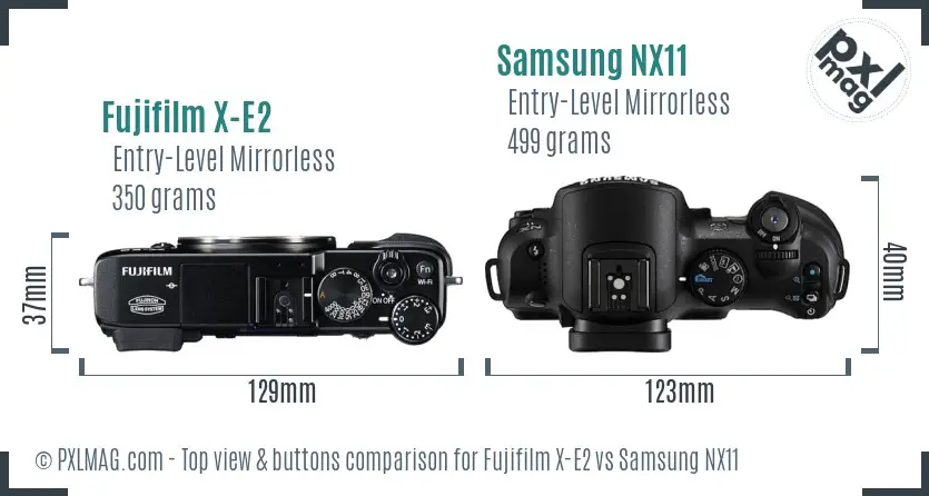 Fujifilm X-E2 vs Samsung NX11 top view buttons comparison Fujifilm X-E2 vs Samsung NX11 top view buttons comparison