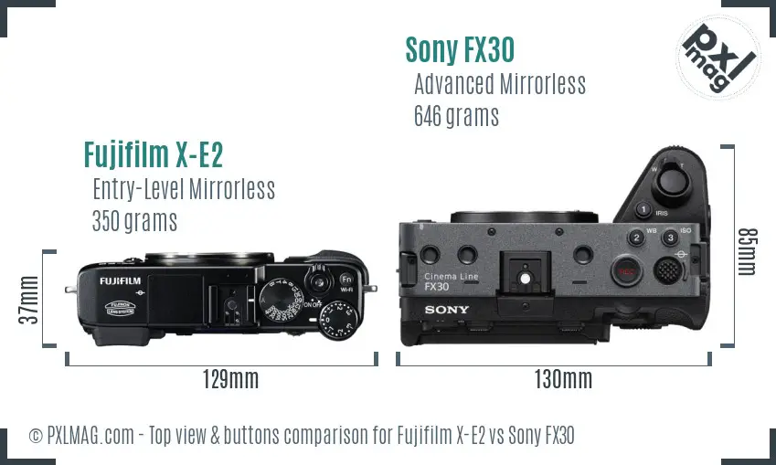Fujifilm X-E2 vs Sony FX30 top view buttons comparison