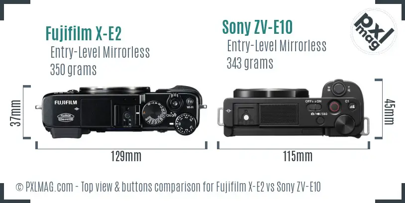 Fujifilm X-E2 vs Sony ZV-E10 top view buttons comparison