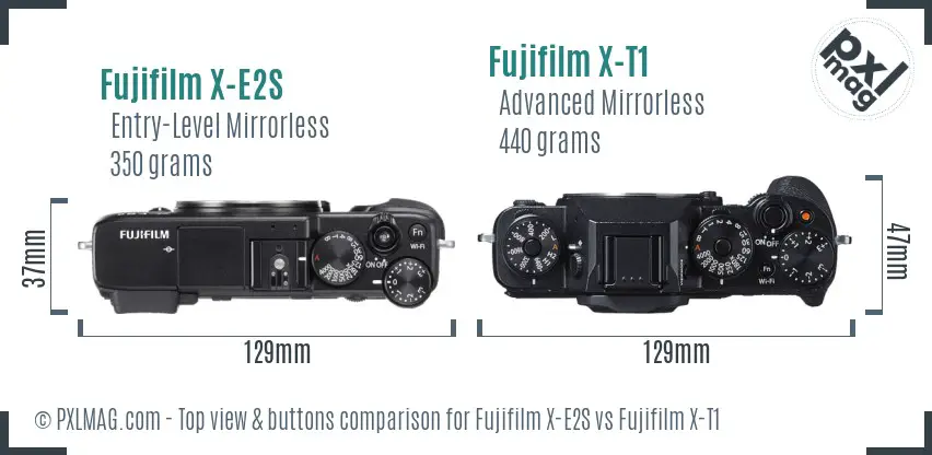 Fujifilm X-E2S vs Fujifilm X-T1 top view buttons comparison Fujifilm X-E2S vs Fujifilm X-T1 top view buttons comparison