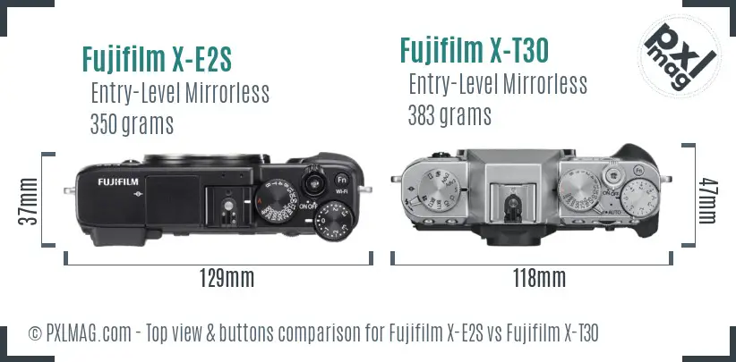 Fujifilm X-E2S vs Fujifilm X-T30 top view buttons comparison