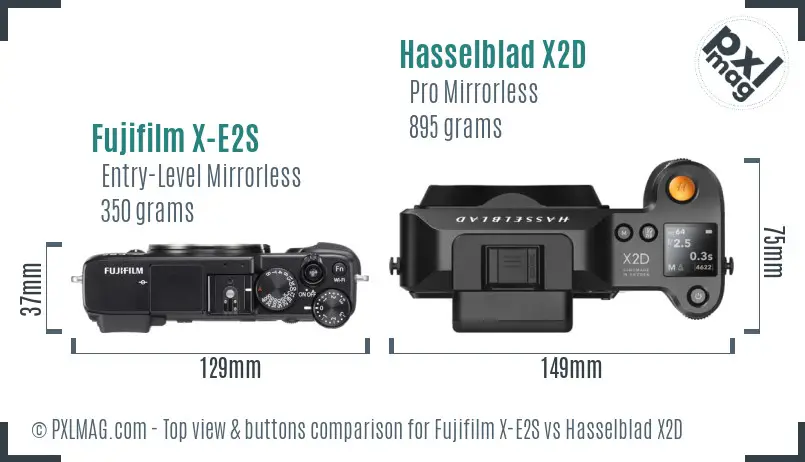 Fujifilm X-E2S vs Hasselblad X2D top view buttons comparison Fujifilm X-E2S vs Hasselblad X2D top view buttons comparison