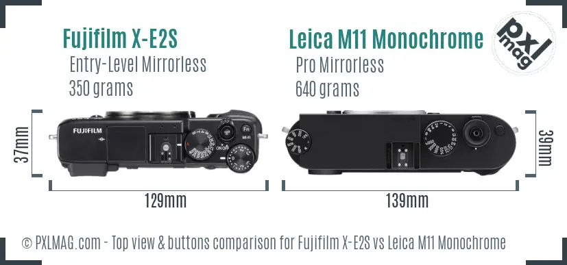 Fujifilm X-E2S vs Leica M11 Monochrome top view buttons comparison Fujifilm X-E2S vs Leica M11 Monochrome top view buttons comparison