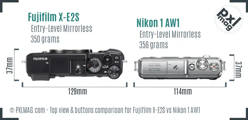 Fujifilm X-E2S vs Nikon 1 AW1 top view buttons comparison