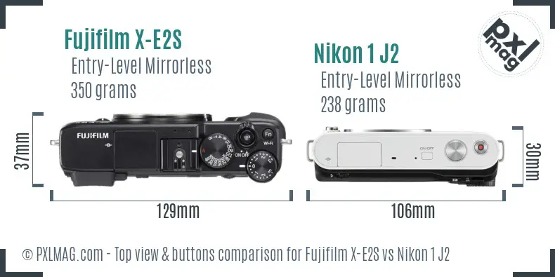 Fujifilm X-E2S vs Nikon 1 J2 top view buttons comparison