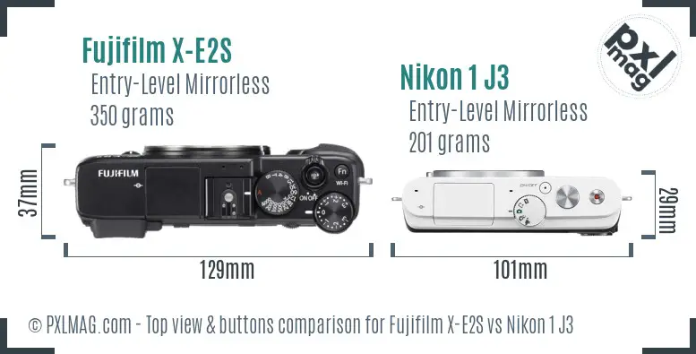 Fujifilm X-E2S vs Nikon 1 J3 top view buttons comparison