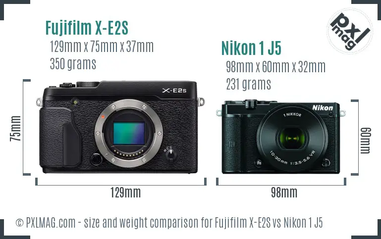 Fujifilm X-E2S vs Nikon 1 J5 size comparison