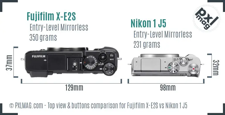Fujifilm X-E2S vs Nikon 1 J5 top view buttons comparison