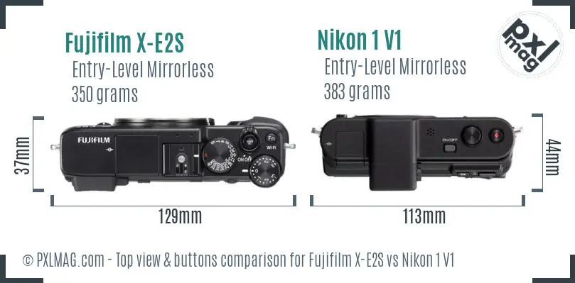 Fujifilm X-E2S vs Nikon 1 V1 top view buttons comparison