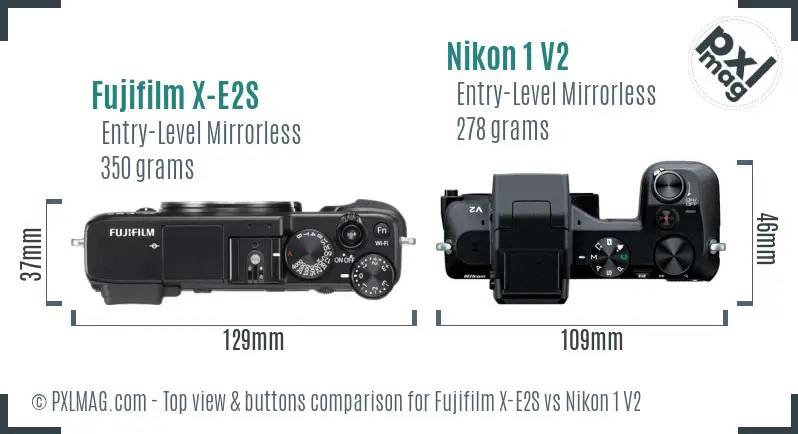 Fujifilm X-E2S vs Nikon 1 V2 top view buttons comparison Fujifilm X-E2S vs Nikon 1 V2 top view buttons comparison
