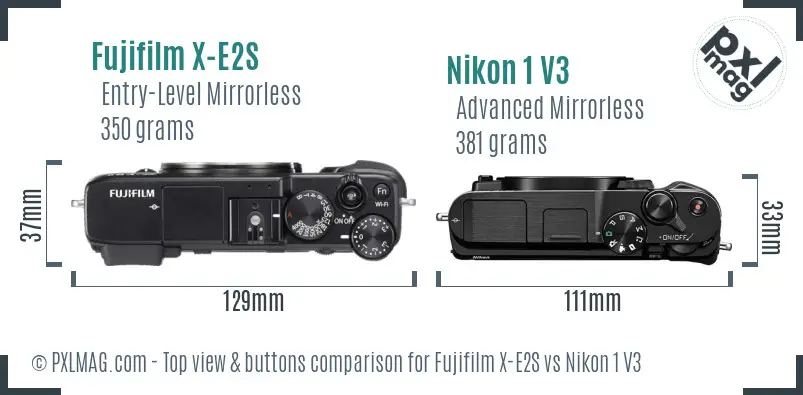 Fujifilm X-E2S vs Nikon 1 V3 top view buttons comparison