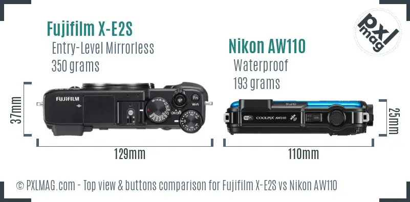 Fujifilm X-E2S vs Nikon AW110 top view buttons comparison