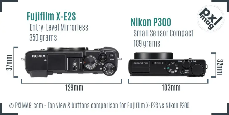 Fujifilm X-E2S vs Nikon P300 top view buttons comparison