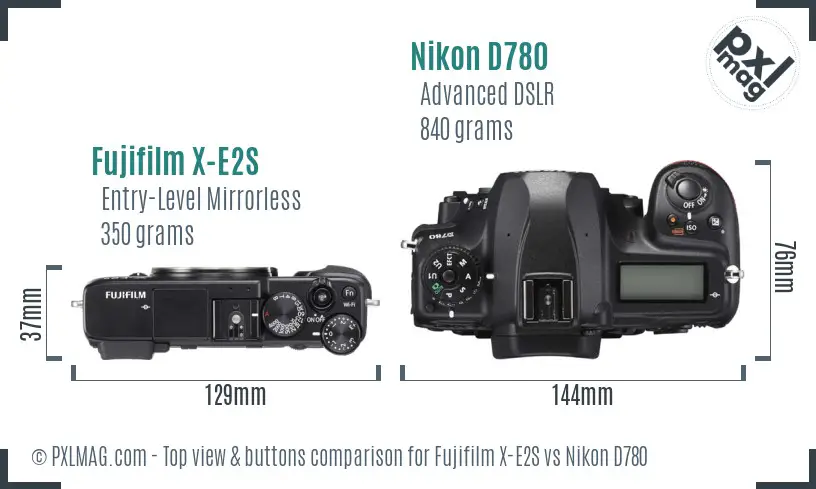 Fujifilm X-E2S vs Nikon D780 top view buttons comparison