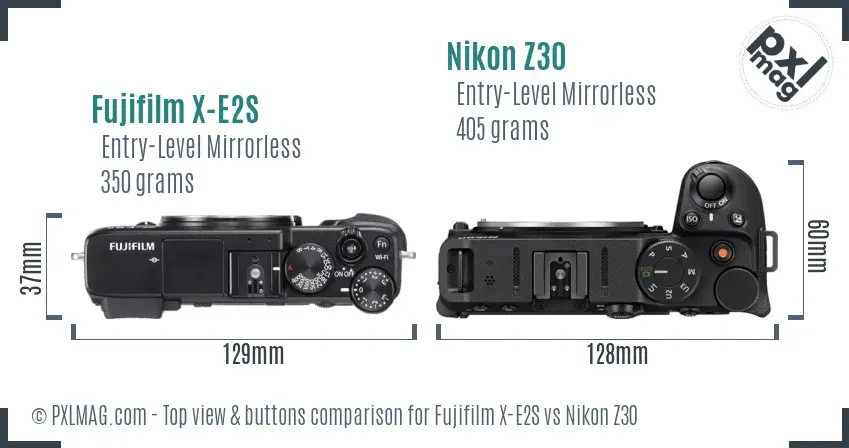 Fujifilm X-E2S vs Nikon Z30 top view buttons comparison