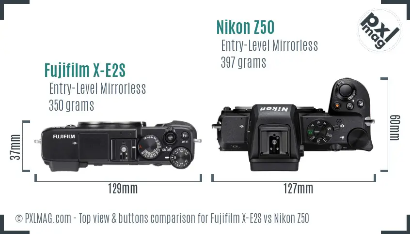 Fujifilm X-E2S vs Nikon Z50 top view buttons comparison Fujifilm X-E2S vs Nikon Z50 top view buttons comparison