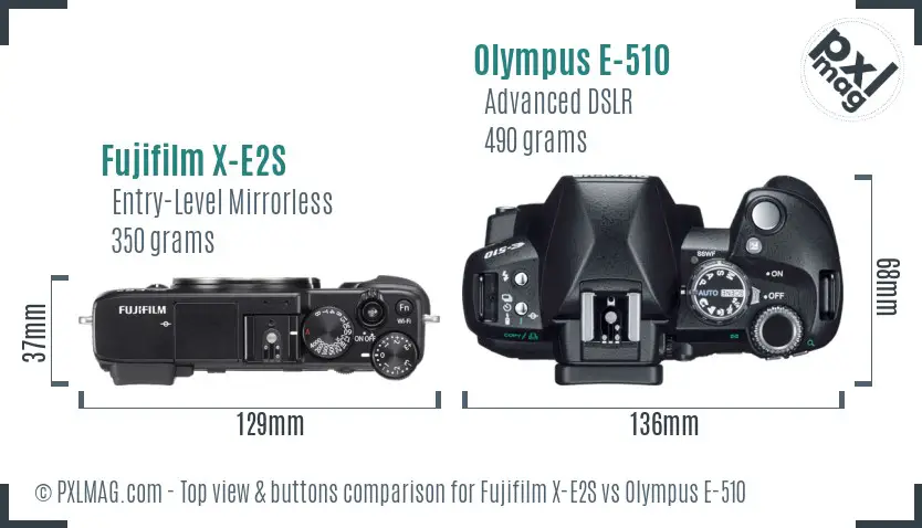 Fujifilm X-E2S vs Olympus E-510 top view buttons comparison