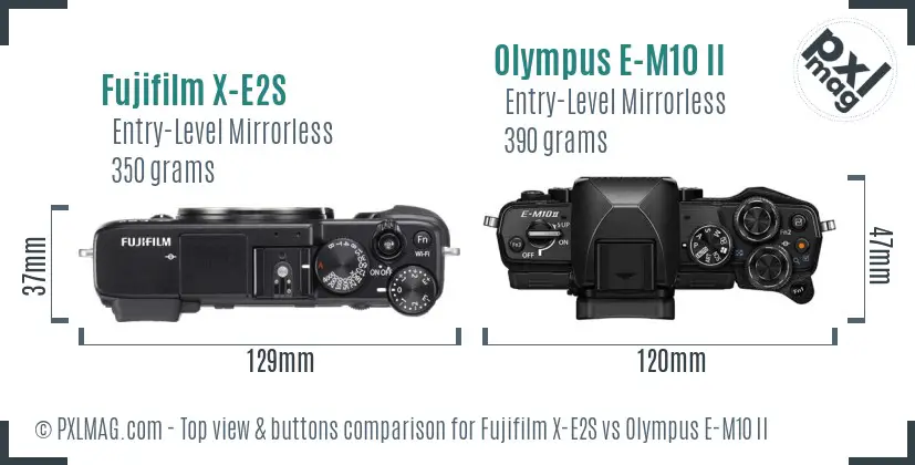 Fujifilm X-E2S vs Olympus E-M10 II top view buttons comparison