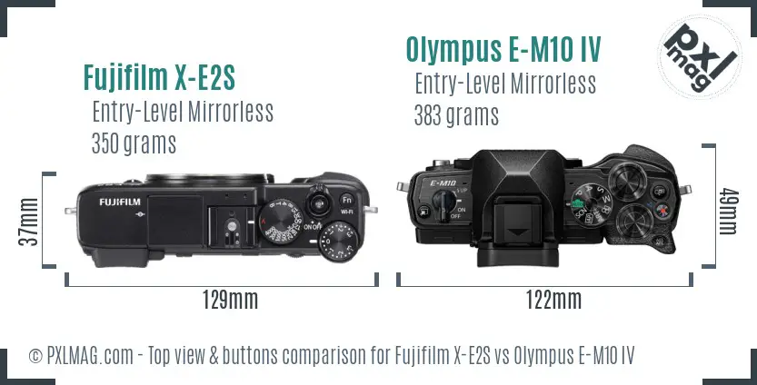 Fujifilm X-E2S vs Olympus E-M10 IV top view buttons comparison