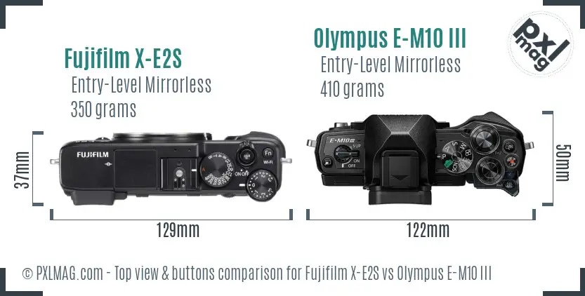 Fujifilm X-E2S vs Olympus E-M10 III top view buttons comparison Fujifilm X-E2S vs Olympus E-M10 III top view buttons comparison
