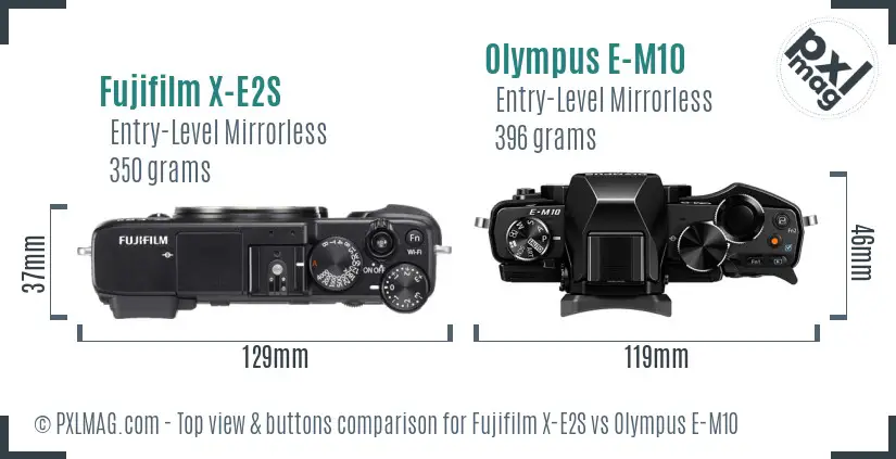 Fujifilm X-E2S vs Olympus E-M10 top view buttons comparison
