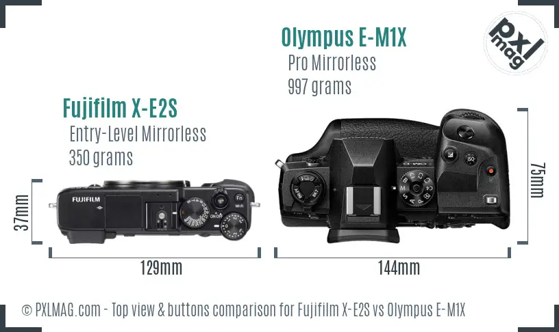 Fujifilm X-E2S vs Olympus E-M1X top view buttons comparison