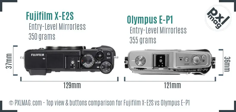 Fujifilm X-E2S vs Olympus E-P1 top view buttons comparison